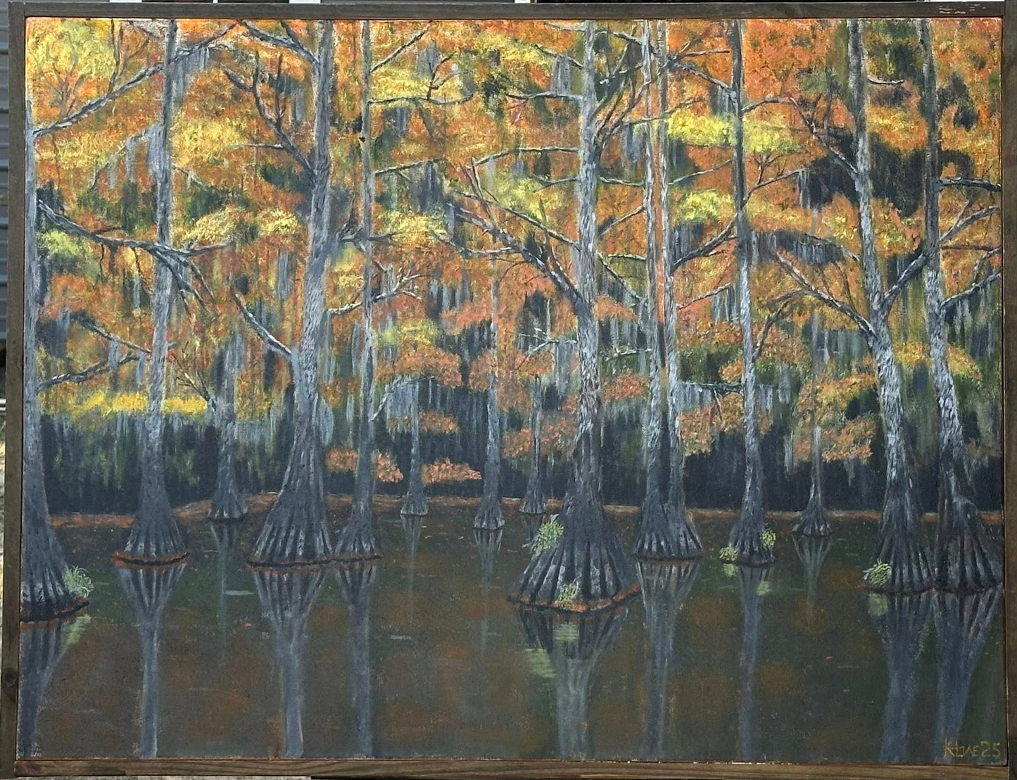 30x40in oil on canvas. "Autumn on the Bayou" handmade Aged pine framed