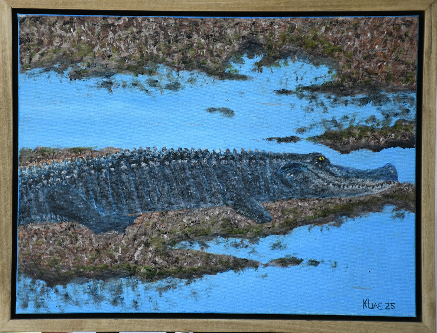 "Black Bayou Gator" 18x24 oil on canvas with Handmade Floating frame