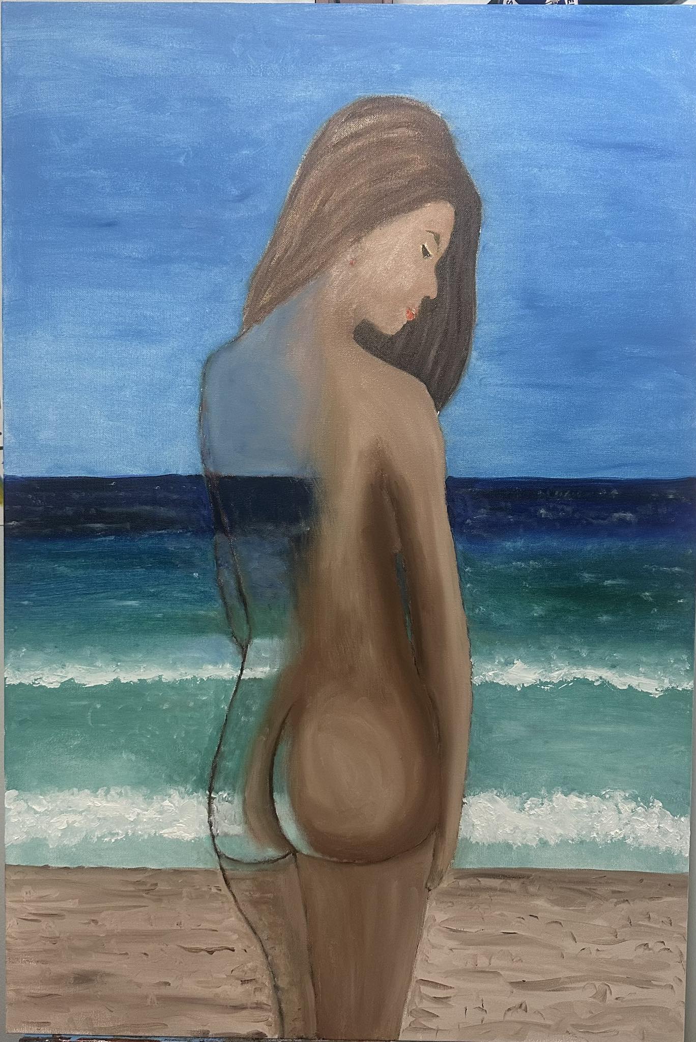 "Girl on a Beach" 24x36in oil on canvas, handmade aged pine floating frame.