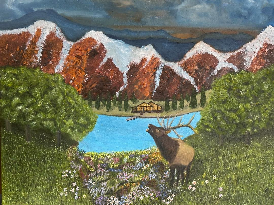 "Red Rock Mountain Valley" 24x32in oil on handmade 1-1/2in thick canvas plus Flat black floating frame.