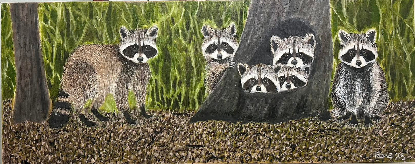 "Raccoon Family" 16x40in Oil on gallery canvas