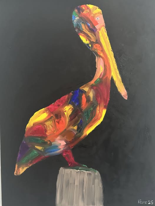 "The Color Pelican" 20x24in Painted on studio 3/4 in thick canvas in oil with flat black floating frame.