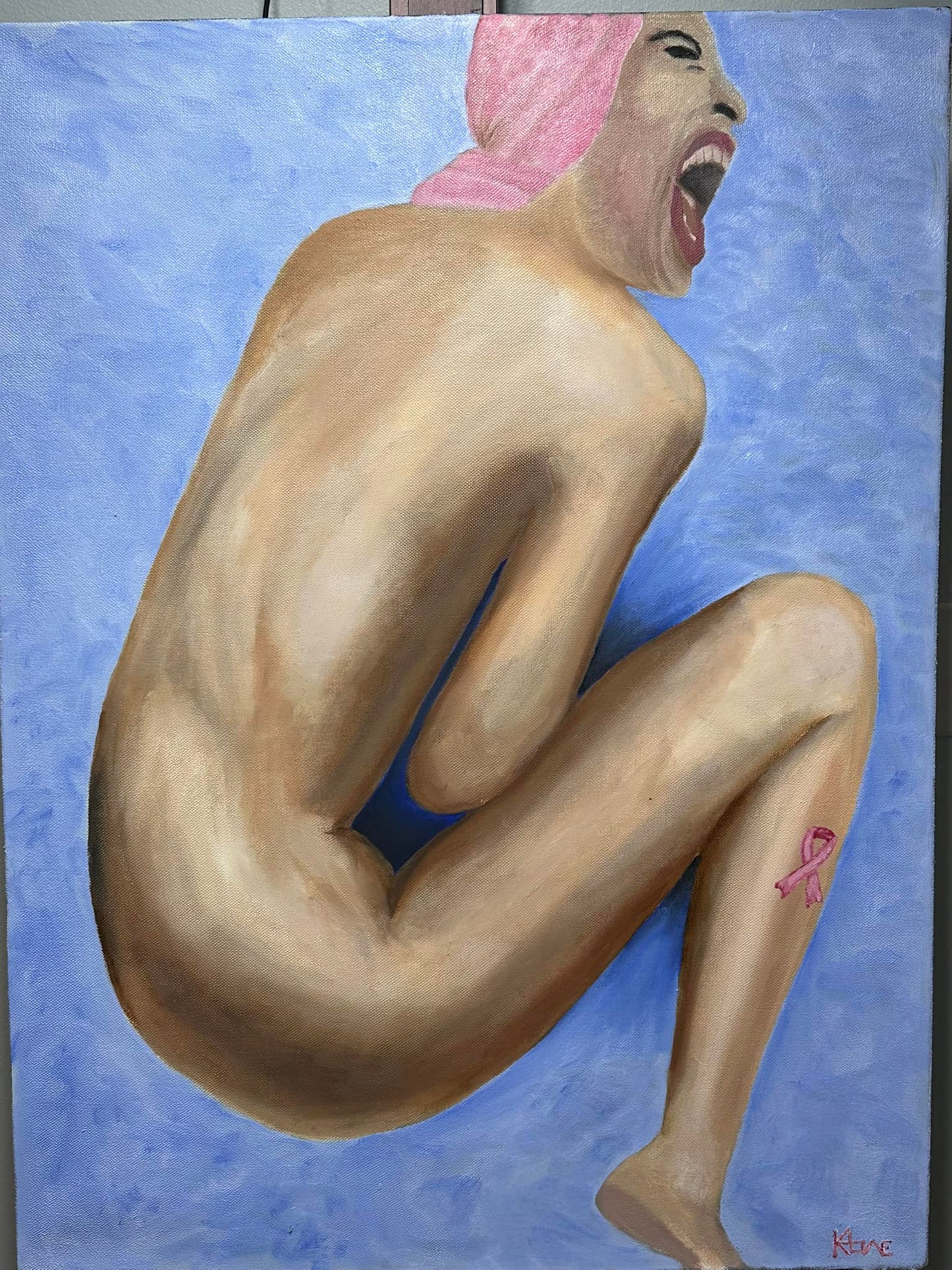"Agony"  24x32in oil on handmade 1-1/2in thick canvas plus Pink floating Frame.