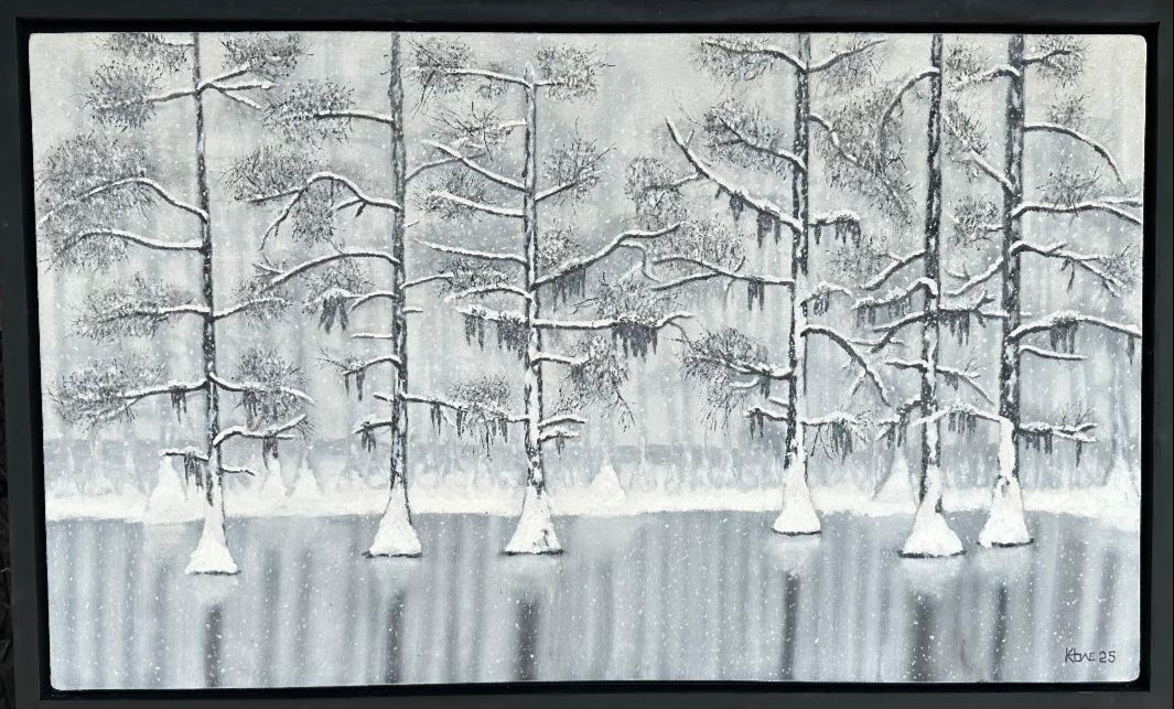 "Atchafalaya Snow"  26x44in oil on handmade 3/4in thick studio canvas with flat black floating frame