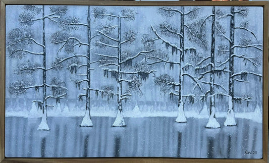 "Atchafalaya Snow"  26x44in oil on handmade 3/4in thick studio canvas with homemade aged pine floating frame