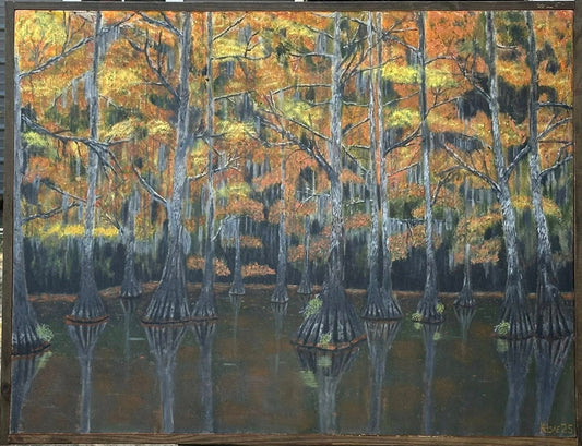 30x40in oil on canvas. "Autumn on the Bayou" handmade Aged pine framed
