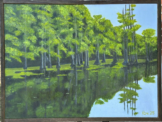 "The Bayou at Frenchmans" 24x36in oil on 1-1/2 thick handmade Canvas. handmade Aged pine frame