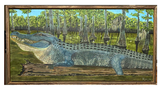 "Black Bayou Gator on a Log"  with handmade 10 year aged and stained pine floating frame. Painting is 24x48in.  oil on canvas