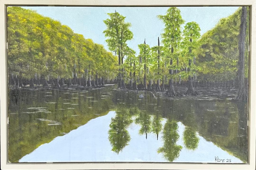 "Calm Bayou" 26x40in oil on handmade 3/4in thick studio canvas on nice natural color hardwood floating frame