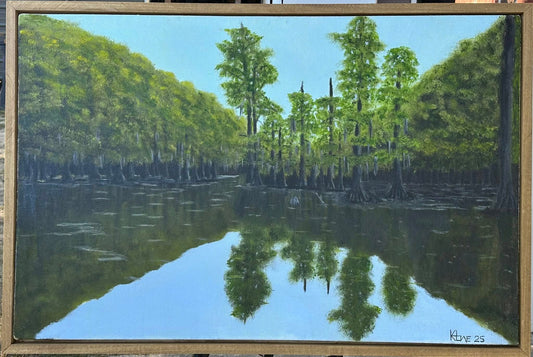 "Calm Bayou" 26x40in oil on handmade 3/4in thick studio canvas on floating frame, handmade aged pine floating frame.