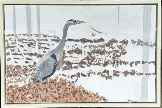"Great Blue Heron on Foggy Black Bayou Lake" 26x44in oil on 3/4in studio canvas with a nice natural color hardwood floating frame