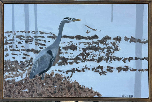 "Great Blue Heron on Foggy Black Bayou Lake" 26x44in oil on canvas, handmade aged pine floating frame.