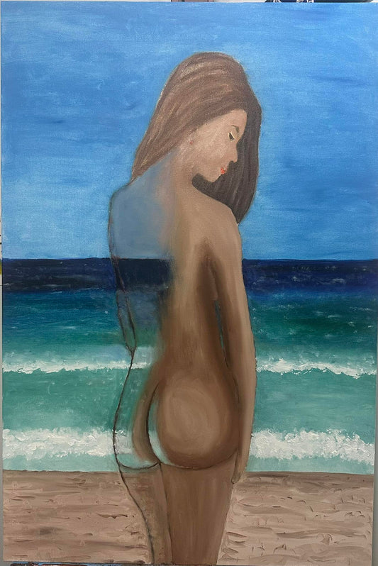 "Girl on a Beach" 24x36in oil on canvas, handmade aged pine floating frame.