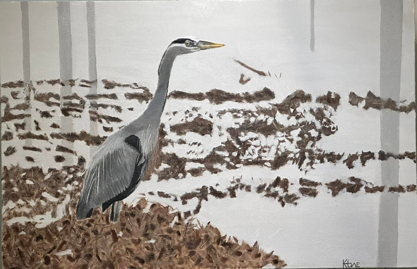 "Great Blue Heron on Foggy Black Bayou Lake" 26x44in oil on studio canvas