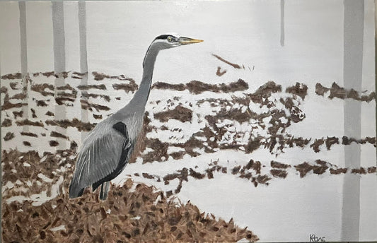 "Great Blue Heron on Foggy Black Bayou Lake" 26x44in oil on canvas