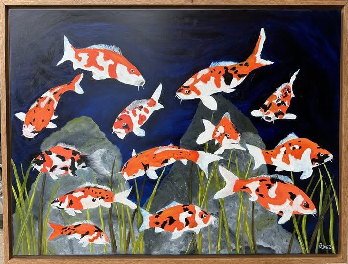 local delivery only "Koi Fish"  36x48in Oil on canvas,one half inch thick gallery wrapped canvas with oak floating frame