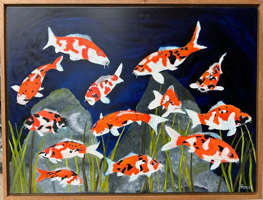 local delivery only "Koi Fish"  36x48in Oil on canvas,one half inch thick gallery wrapped canvas with oak floating frame