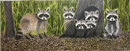 "Raccoon Family"   16x40in Oil on gallery canvas