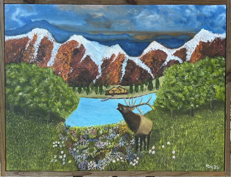 "Red Rock Mountain Valley" 24x32in oil on handmade 1-1/2in thick canvas plus handmade aged pine frame.