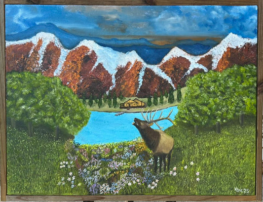 "Red Rock Mountain Valley" 24x32in oil on handmade 1-1/2in thick canvas plus handmade aged pine frame.