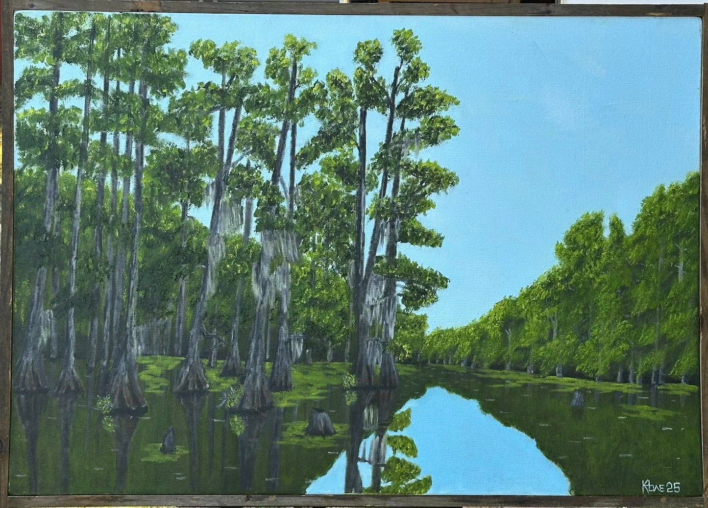 “Bayou Desiard at Sterlington” 30x40in oil on gallery wrapped canvas, handmade aged pine frame.