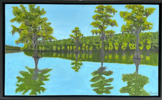 "Unknown Lake"  26x44in oil on hand built 3/4in studio canvas with flat black floating frame